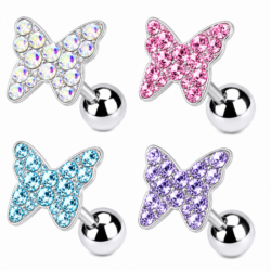 Silver cartilage barbell with crystal butterfly head in Aurora Borealis, pink, aqua and tanzanite colours
