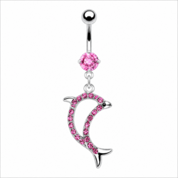Silver belly bar with pink crystal and sparkling pink CZ leaping dolphin dangle