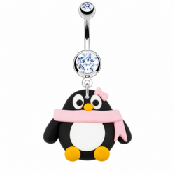 Silver belly bar with clear crystals and black and white rubber penguin dangle with pink scarf