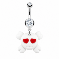 Silver belly bar with clear crystals and white rubber pirate skull dangle with red heart eyes