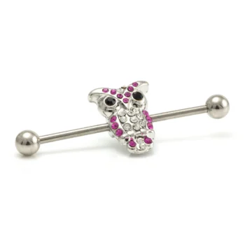 Industrial Barbell with Pink and Clear CZ Owl