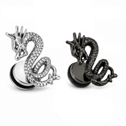 Dragon fake ear stretching plugs in silver and black with detailed coiled dragon design