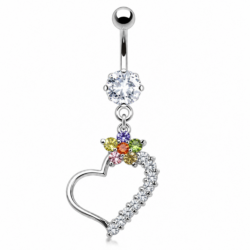 Silver belly bar with clear crystal, multicoloured flower and sparkling heart dangle