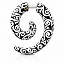 Black fake ear stretching spiral taper with white Maori-style pattern