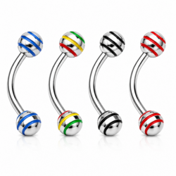 Silver curved barbells with striped balls in blue, rainbow, black and red designs