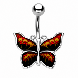Silver butterfly belly bar with black wings featuring red and gold decorative detailing
