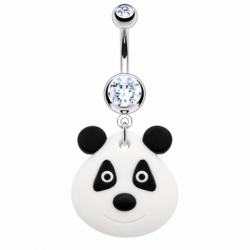 Silver belly bar with clear crystals and black and white rubber panda dangle