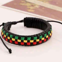 Leather Drawstring Bracelet with Green, Yellow and Red Pattern