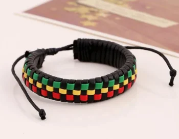 Leather Drawstring Bracelet with Green, Yellow and Red Pattern