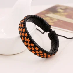 Leather Drawstring Bracelet with Orange and Black Pattern