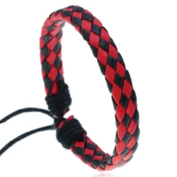 Leather Drawstring Bracelet with Red and Black Pattern