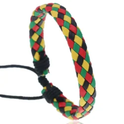 Leather Drawstring Bracelet with Green, Yellow and Red Pattern