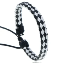 Leather Drawstring Bracelet with Black and White Pattern