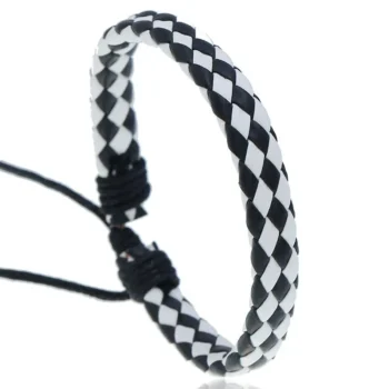 Leather Drawstring Bracelet with Black and White Pattern