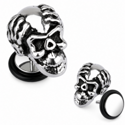 Silver skull head fake plug earring with black rimmed backing