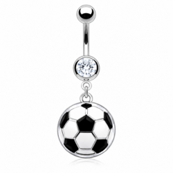 Silver belly bar with clear crystal and black and white football dangle