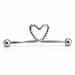 Silver industrial barbell with open heart design and polished ball ends