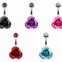 Silver belly bars with metal rose dangles and gem balls in assorted colours