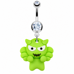 Silver belly bar with clear crystals and bright green rubber monster dangle