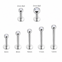 Internally threaded clear CZ labrets in 6mm to 12mm lengths with 2mm and 3mm ball sizes