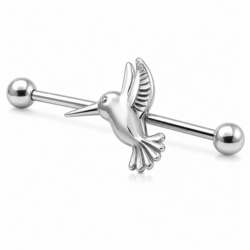 Silver industrial barbell with detailed hummingbird design and polished ball ends