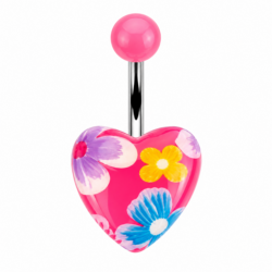 Pink acrylic heart belly bar with colourful purple, yellow and blue floral design