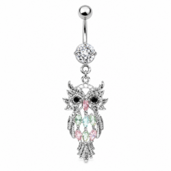 Silver belly bar with clear crystal and ornate owl dangle featuring black eyes and pastel pink, blue and green gems