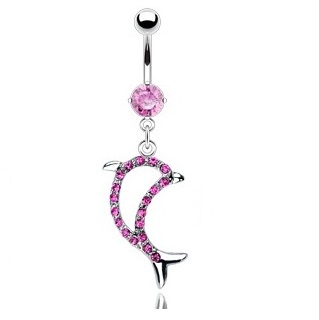 Belly Bar with Pink CZ Leaping Dolphin Dangle