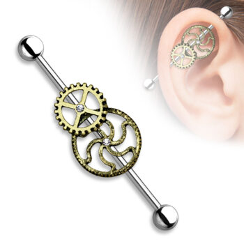 Industrial Barbell with Centred Burnish Gold Tone Steampunk