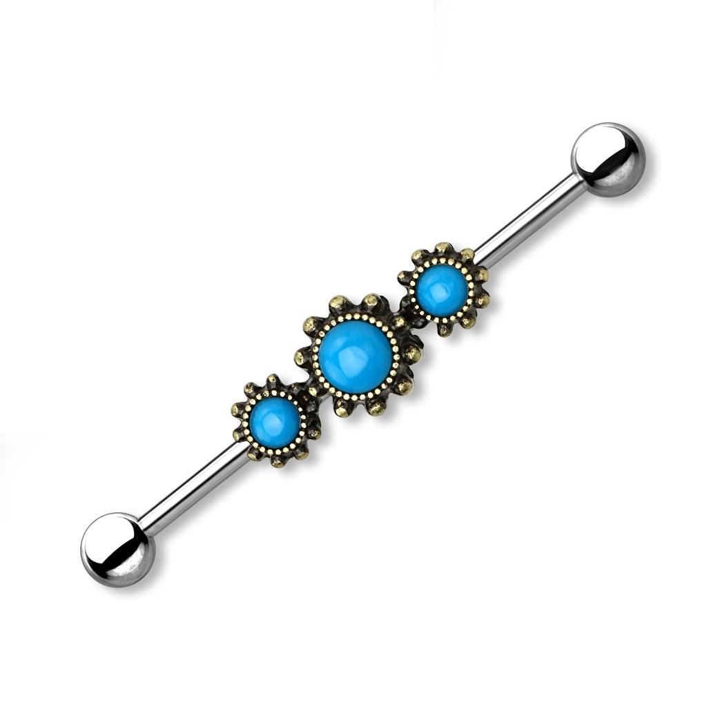 Industrial Bar with Triple Round Turquoise Centre