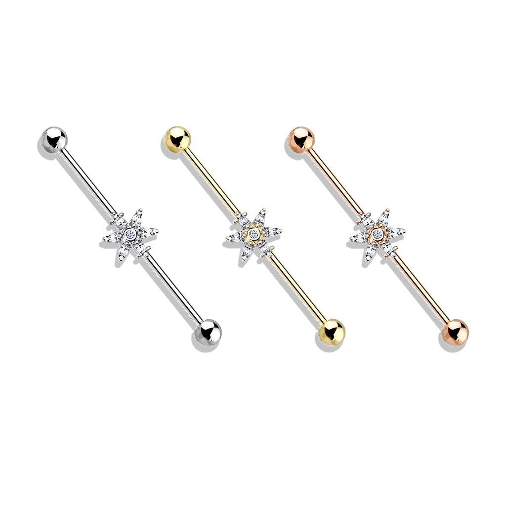Industrial Bar with Clear CZ Petal Flower