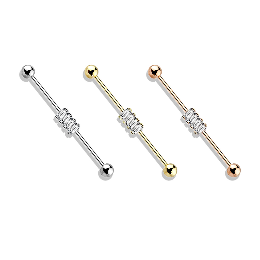 Industrial Barbell with 4 Clear CZ Gems Cluster