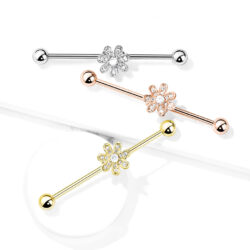 Industrial Barbell with Clear CZ Paved Flower