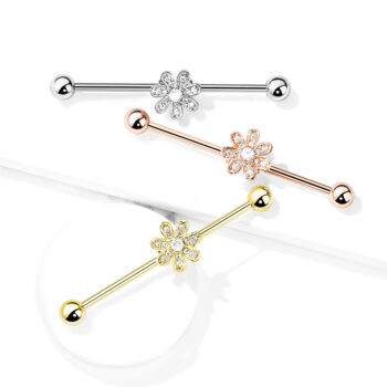 Industrial Barbell with Clear CZ Paved Flower