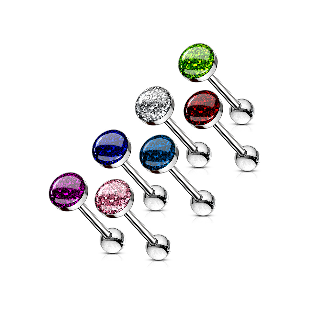 Tongue Barbell with Phosphor Glitter Epoxy Domed 7mm Top