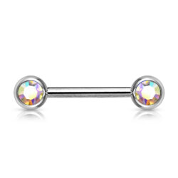 Nipple Bar with Front Facing Aurora Borealis CZ Gem Balls