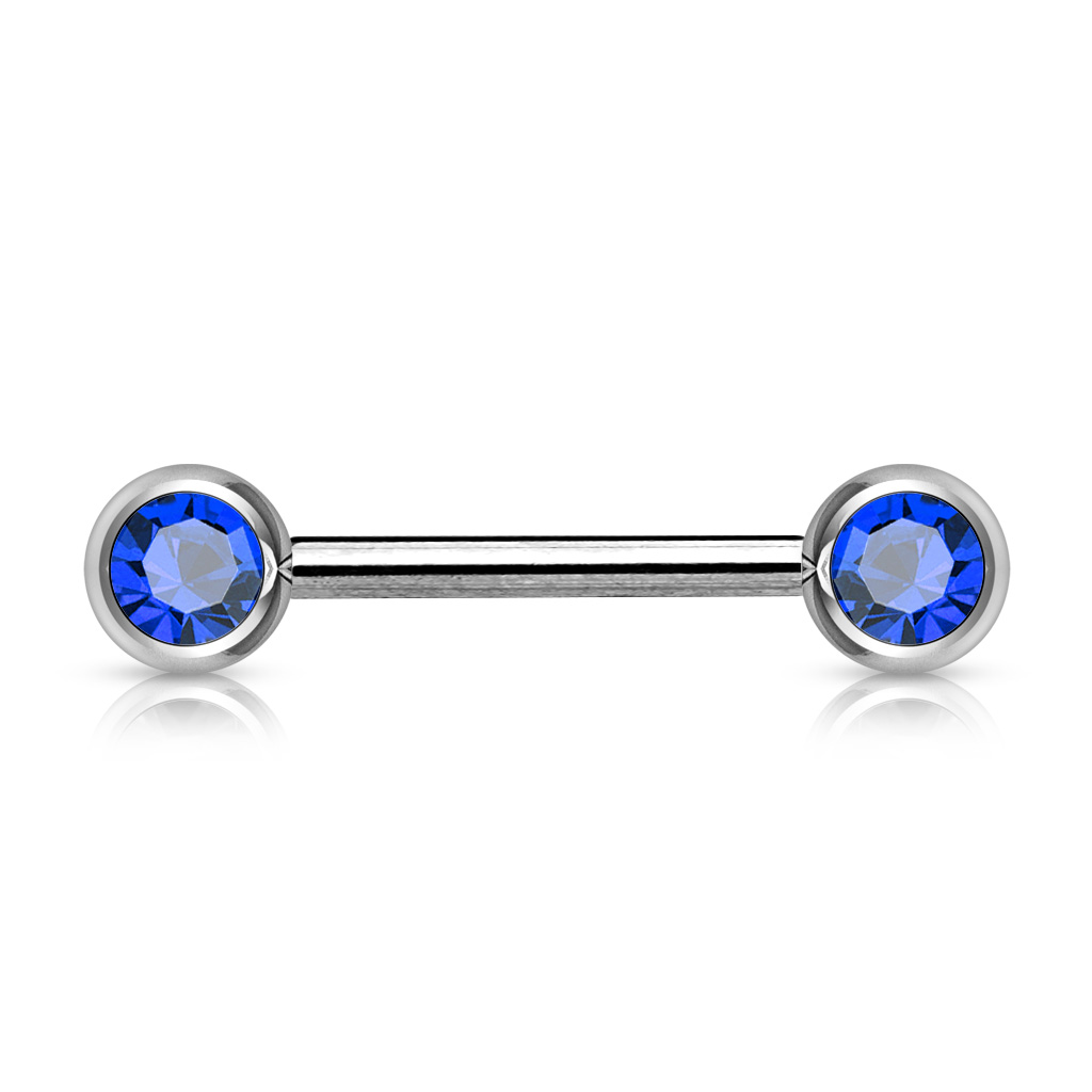 Nipple Bar with Front Facing Blue CZ Gem Balls
