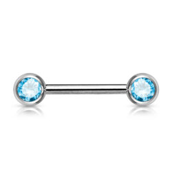Nipple Bar with Front Facing Aqua CZ Gem Balls