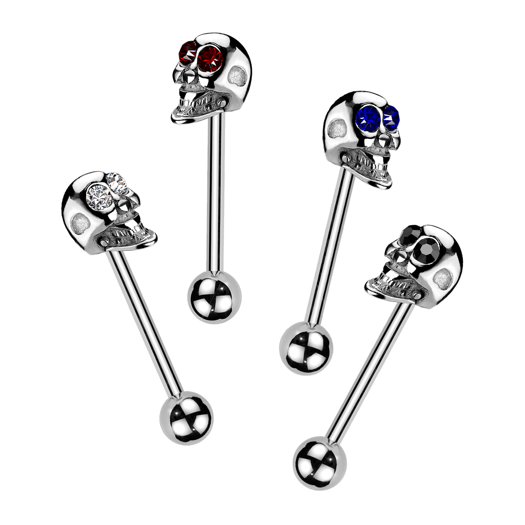 Tongue Barbell with Skull and CZ Gem Eyes