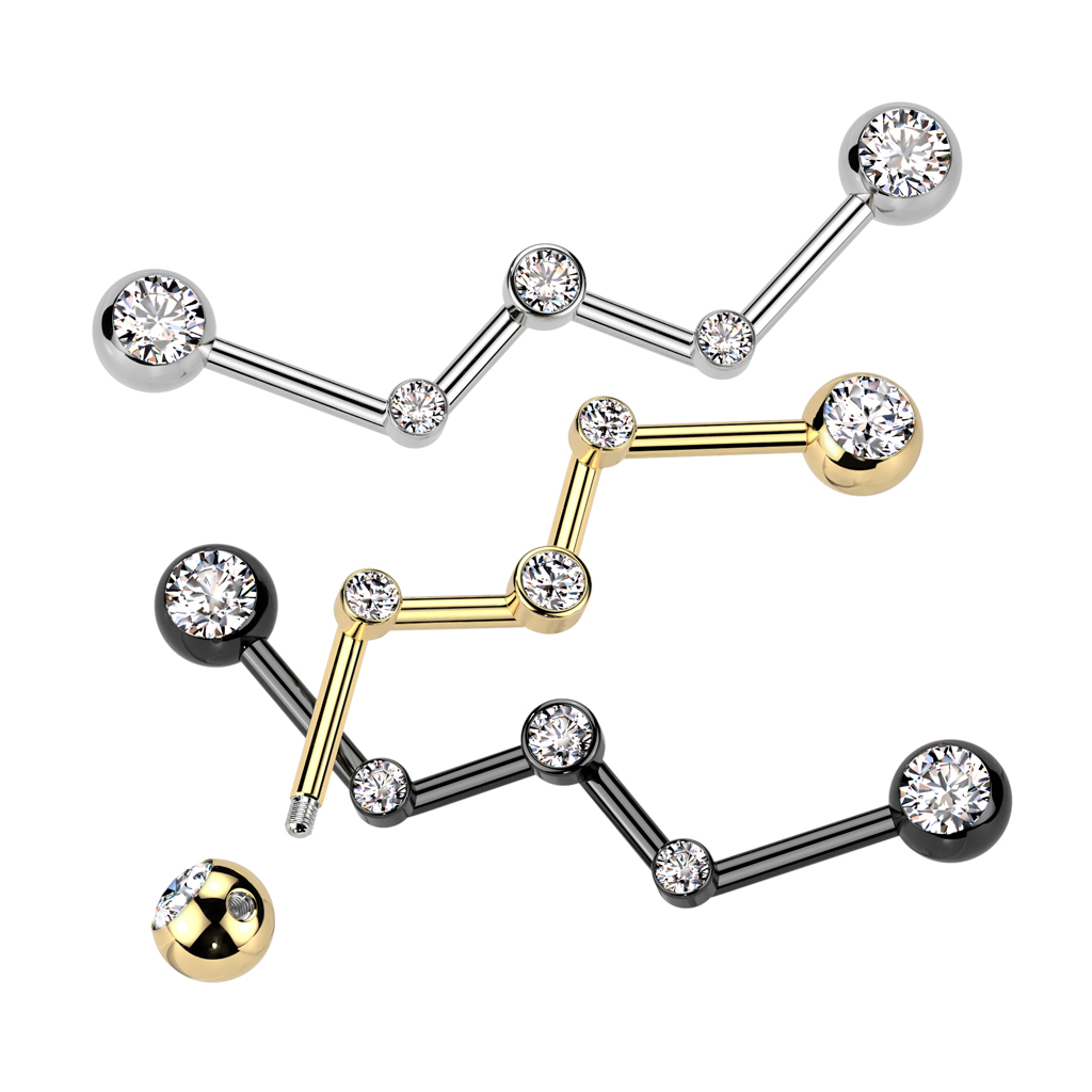 Zig Zag Industrial Barbell with Forward Facing Clear Crystal Gems