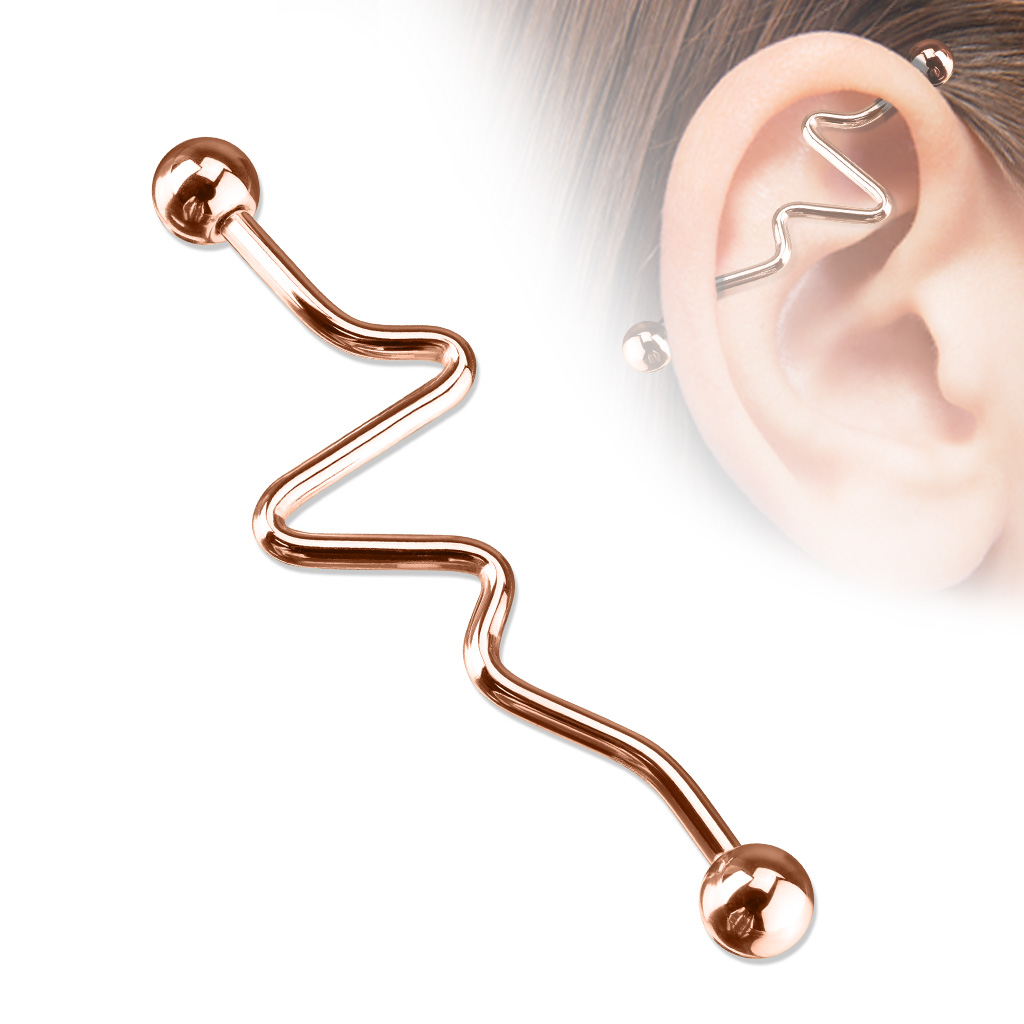 Rose Gold Industrial Barbell with Wavey Design