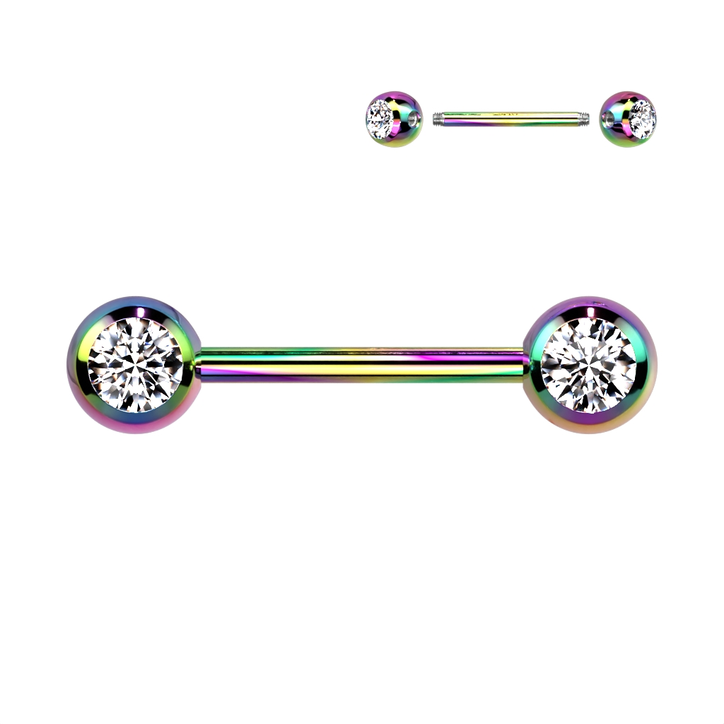 Rainbow Titanium Nipple Bar with Crystal Gems