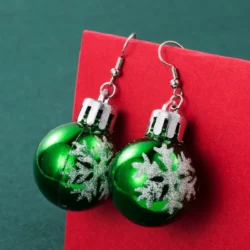 Christmas Earrings with a Large Green Glitter Ball Dangle