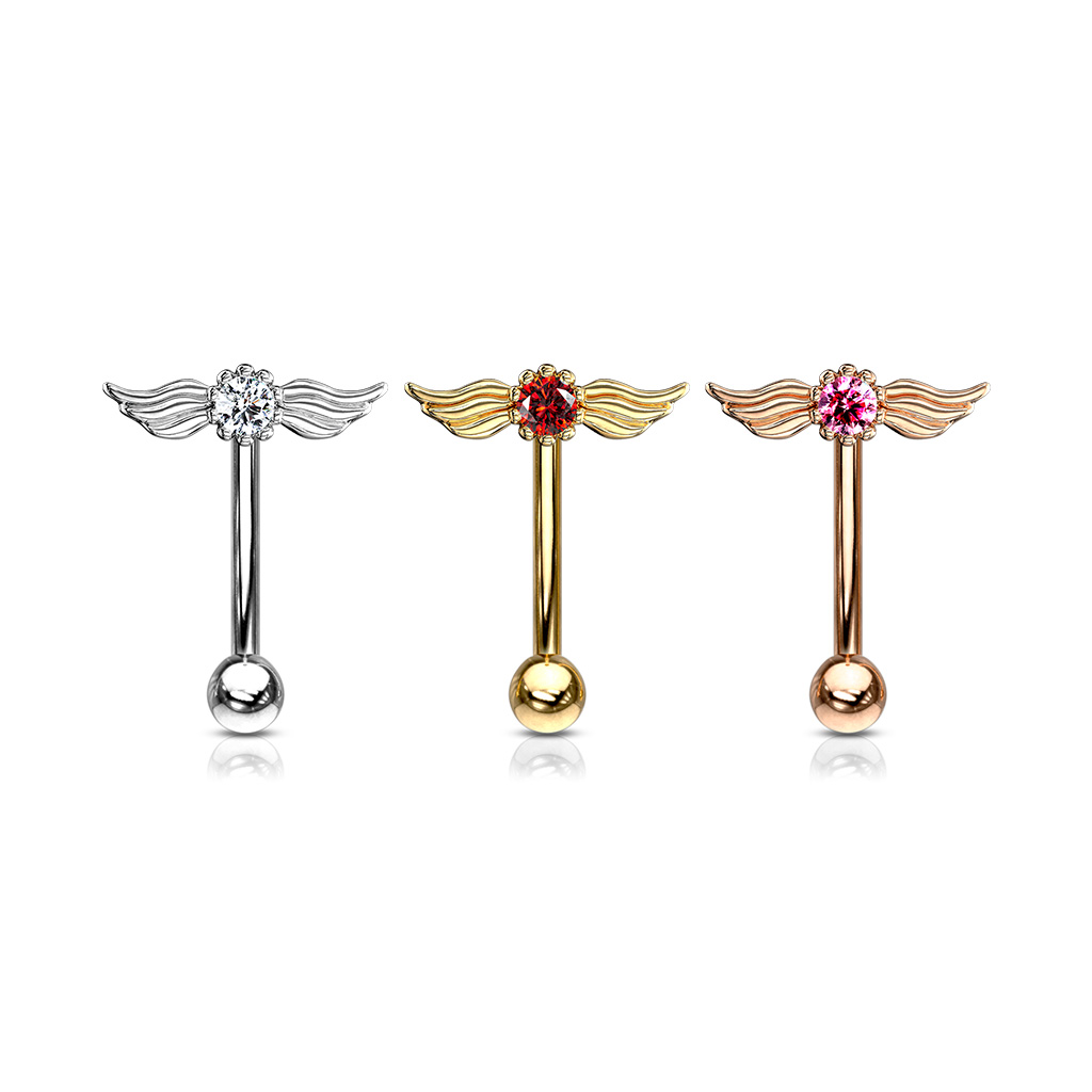 Curved Barbell with Angel Wings and Centred Crystal