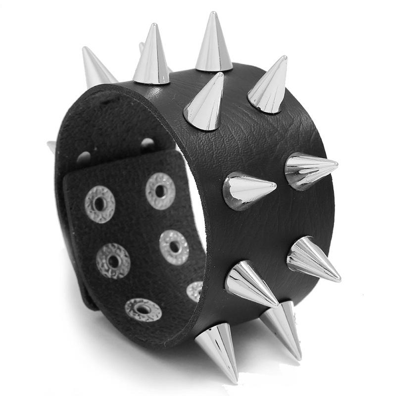 Black Leather Bracelet with Large Spikes