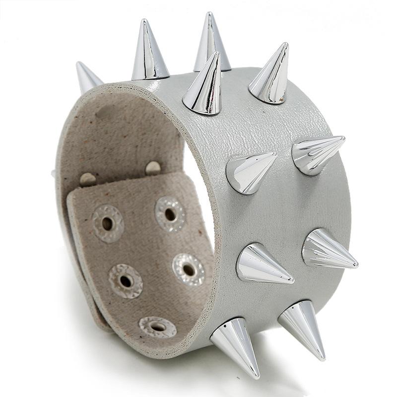Silver Leather Bracelet with Large Spikes