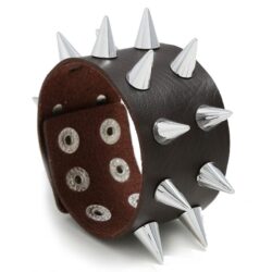 Dark Brown Leather Bracelet with Large Spikes