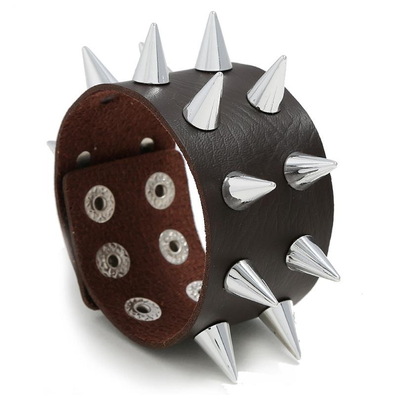Dark Brown Leather Bracelet with Large Spikes