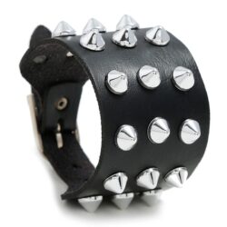 Black Leather Bracelet with Small Silver Spikes