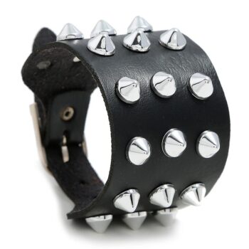 Black Leather Bracelet with Small Silver Spikes